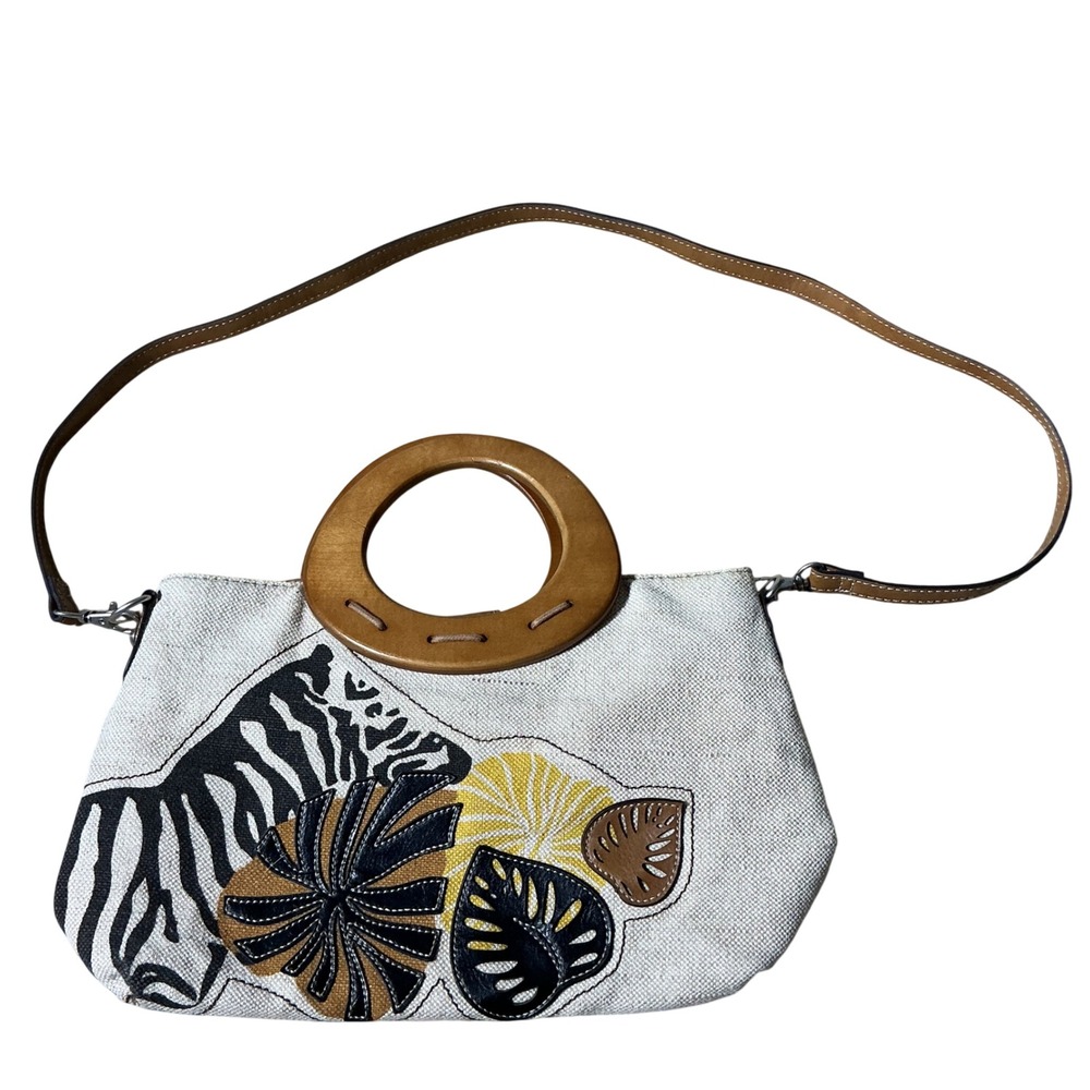 Relic Brand Zebra Tropical Leaf Canvas Handbag Wood Handle Crossbody RLH8120